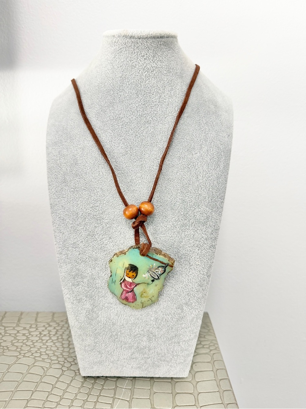 Vintage DeGrazia Hand-Painted Necklace Resin Pendant South Western Leather Cord